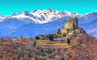 A panoramic view of St. Michael's Abbey on the mountaintop outside of Torino, Italy.