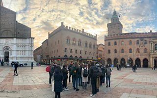 A panoramic view of the city center in Bologna, Italy.