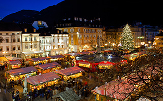 An aerial view of the Christmas Marketing in Bolzano, Italy.