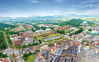 An areal view of Hiroshima University in Hiroshima, Japan.
