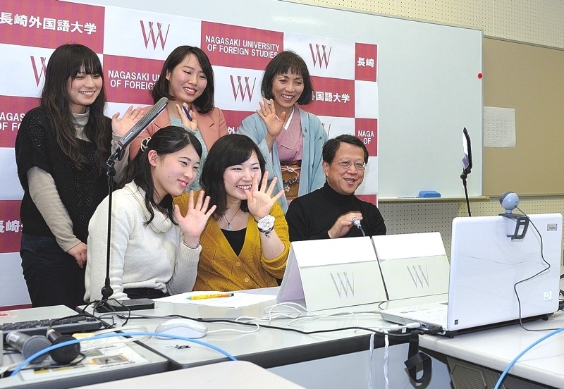 Students collaborating in the Nagasaki University Media Center in Nagasaki, Japan.