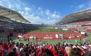 A group of students attending a KU game in Seoul, Korea.