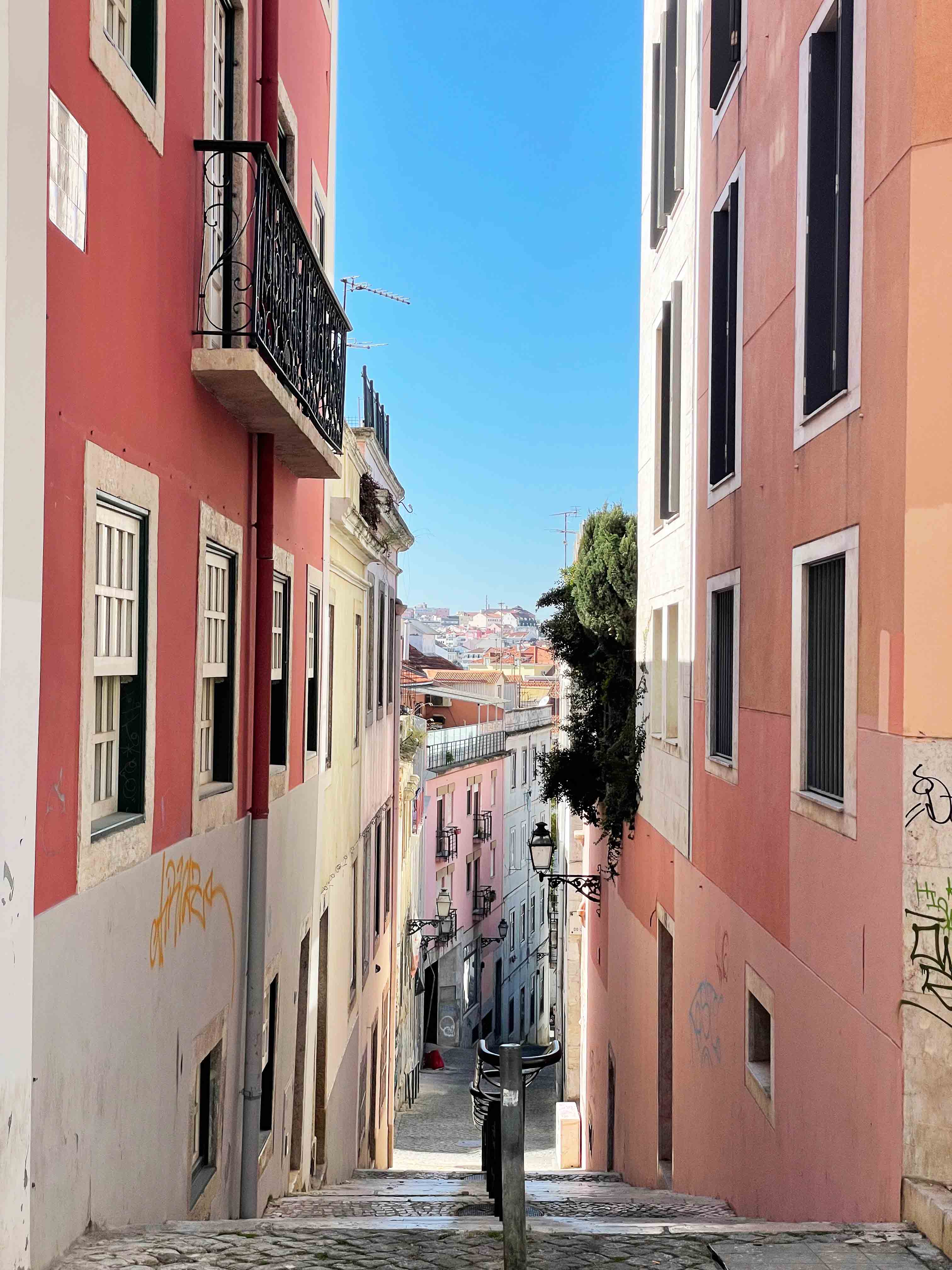 The narrow streets of Lisbon, Portugal.