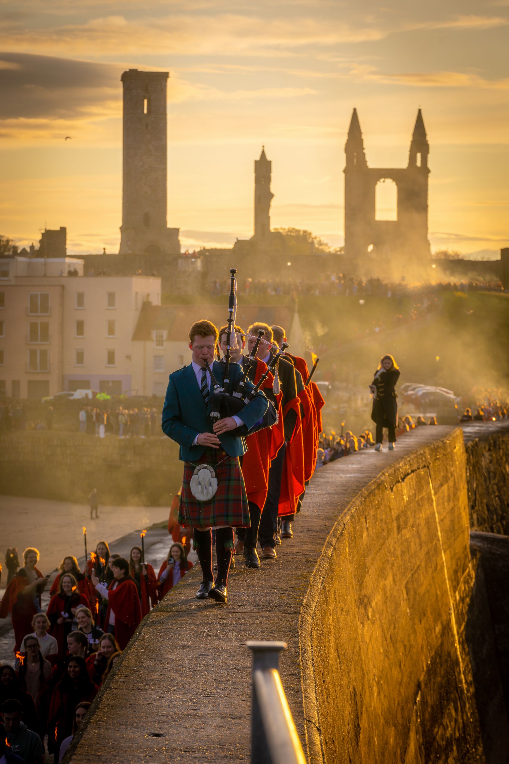 Torchlit Guadi procession on St Andrews Pier in St Andrews, Scotland.