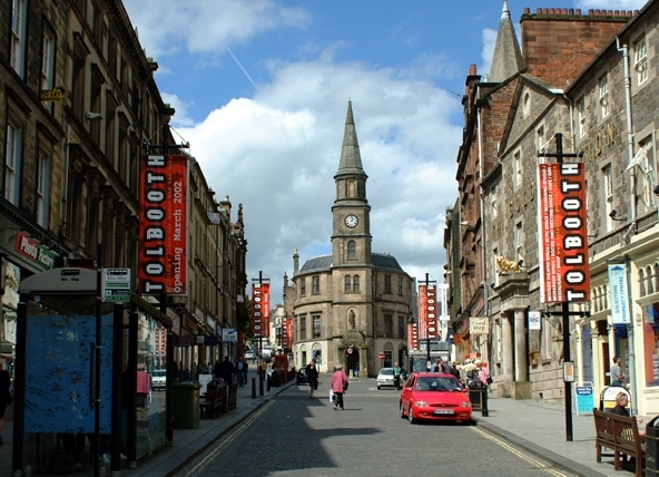 View of historic buildings lining the city streets in Stirling, Scotland.