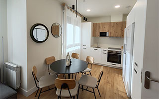 Kitchen of the shared apartment in downtown Bilbao, Spain.
