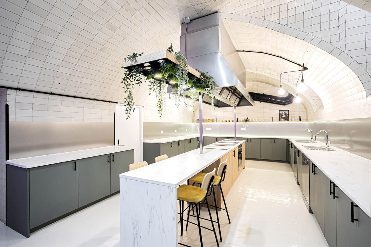 Kitchen in downtown co-living residence in Madrid, Spain.