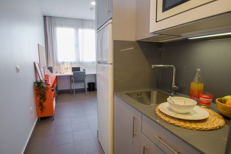 Kitchen in student residence hall in Madrid, Spain.