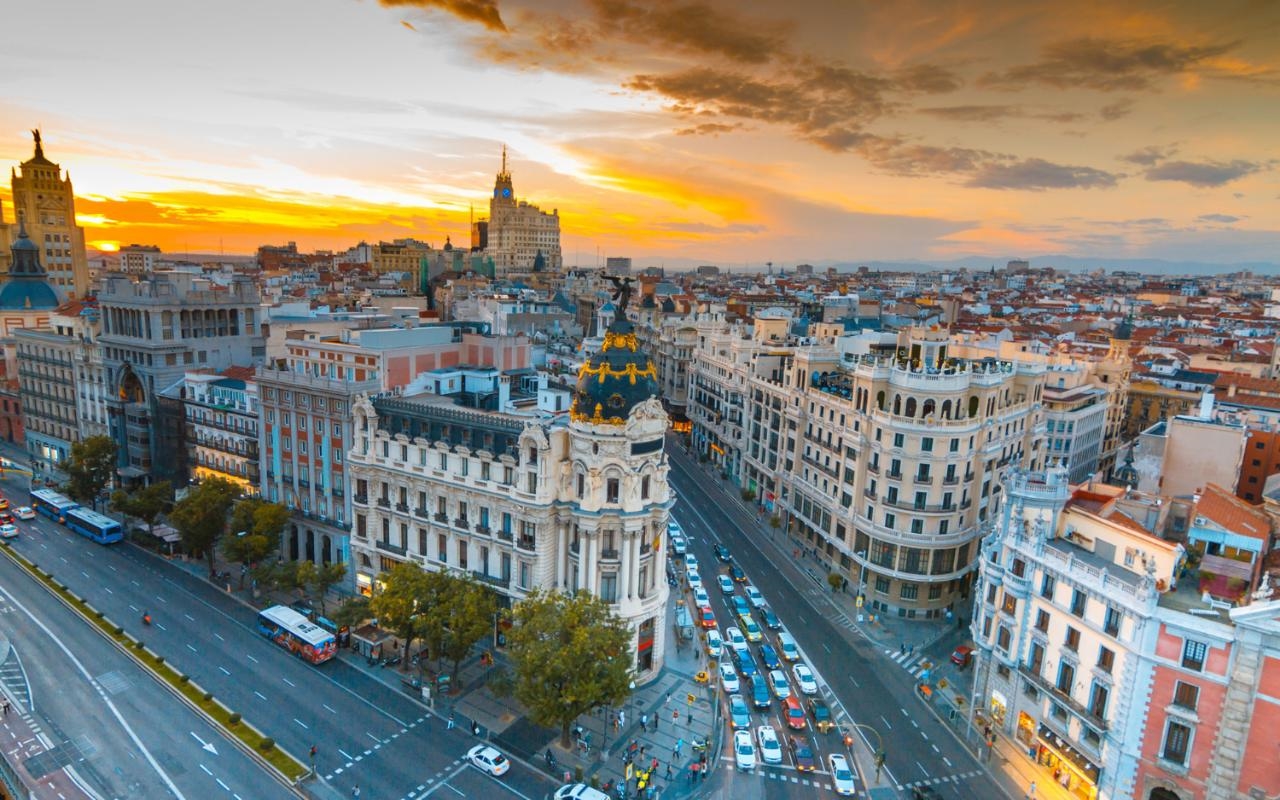 View of the city skyline of Madrid, Spain.