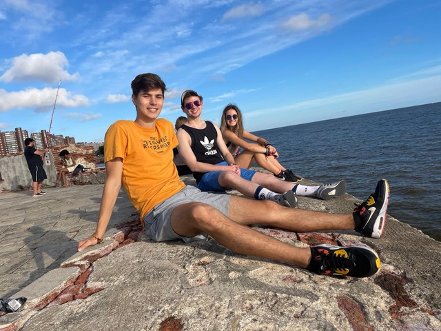 Students enjoying the view of the ocean in Montevideo, Uruguay.