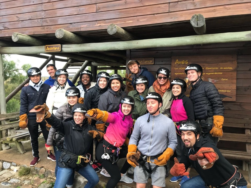 Students getting ready to zip line in the hills of Mias, Uruguay.