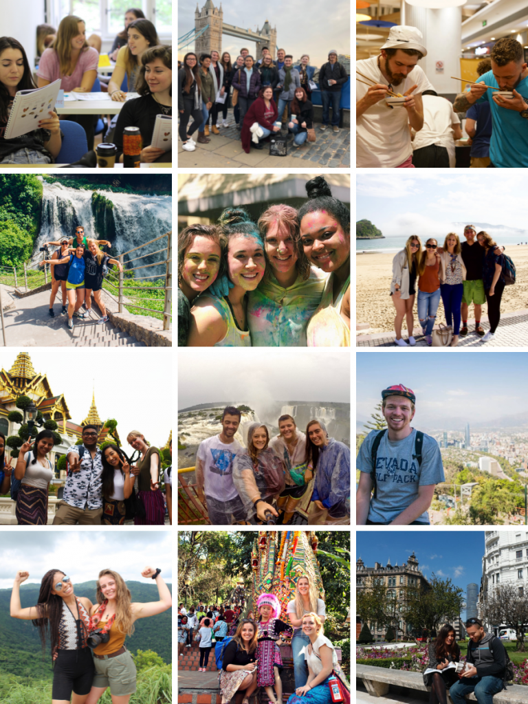 Grid of 12 photos of students experiencing studying abroad in various locations around the world.
